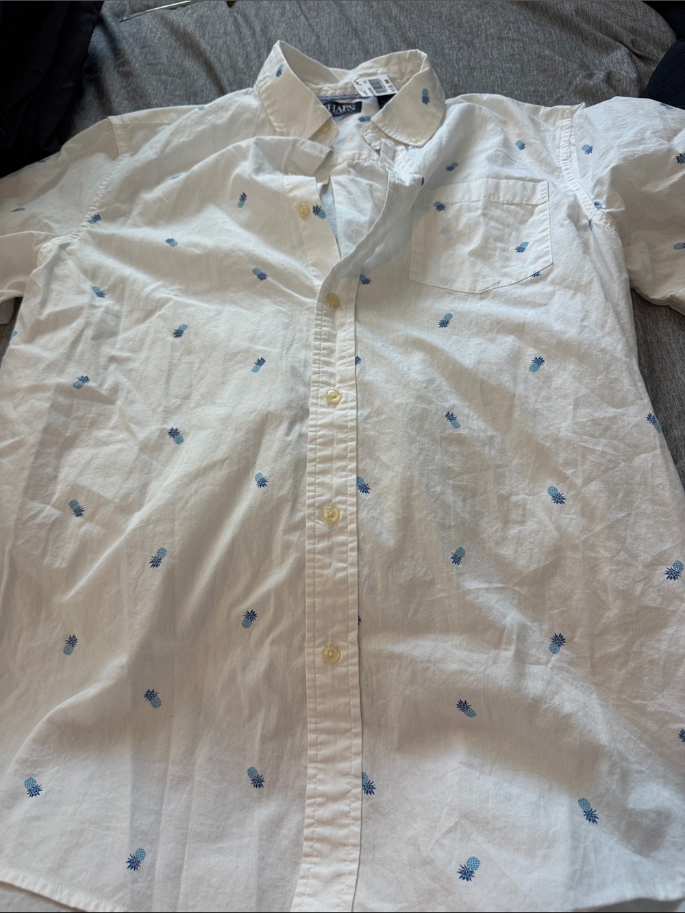 Chaps White Short-Sleeve Button-Down Shirt with Blue Pineapple Embroidery